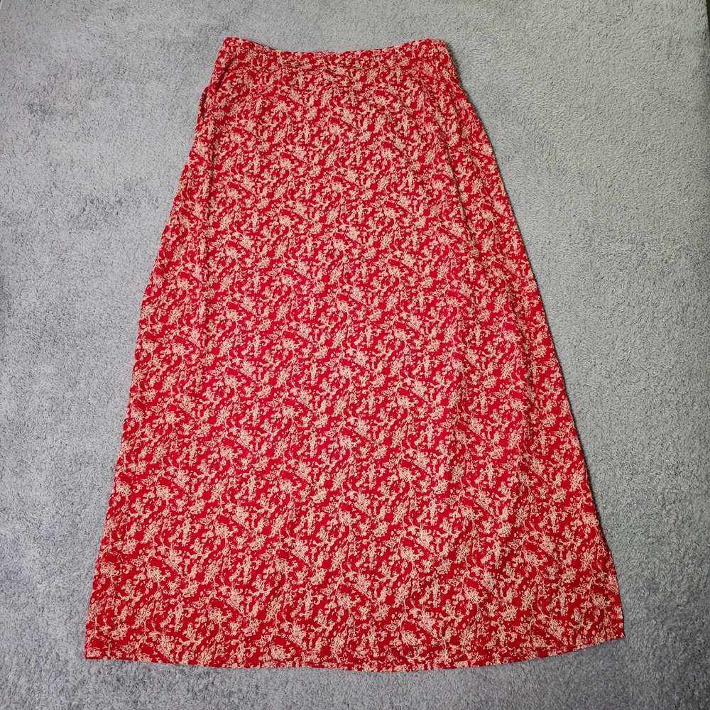 Norton McNaughton Womens XL Maxi Skirt Red Floral Scroll Elastic Waist Side Slit